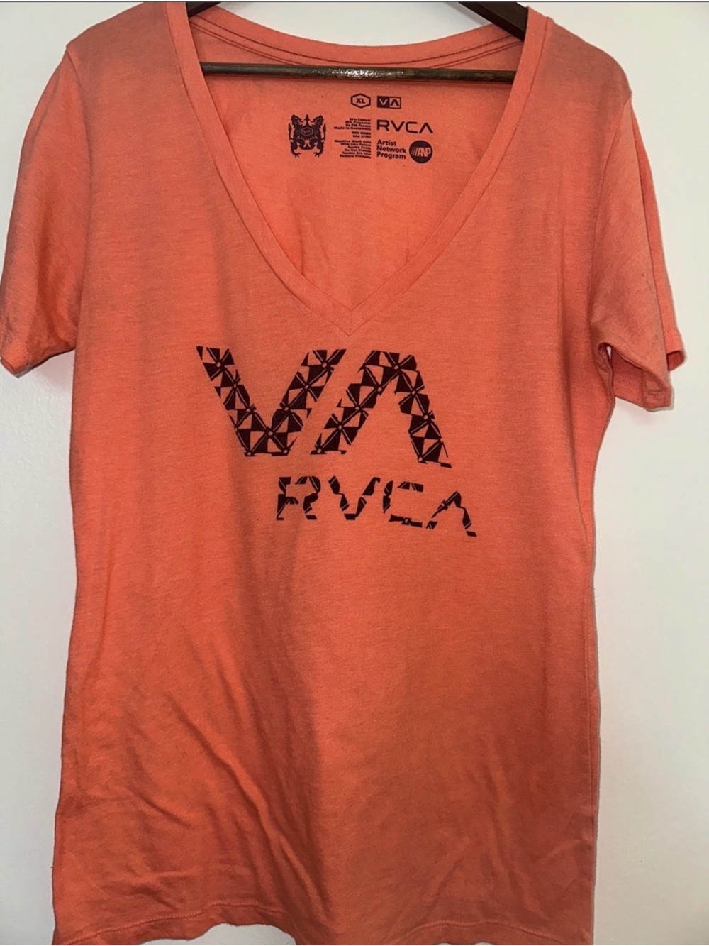 RVCA Women's Coral Orange V-Neck Logo Tee